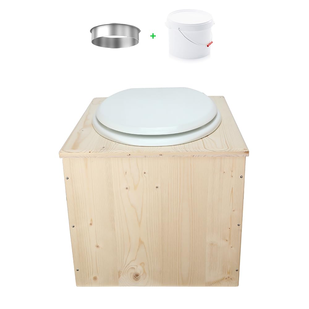 Toilette sèche en Bois avec bavette INOX et Seau 22L Plastique - La Blanche 22 litres - Fabrication Française - N9F4