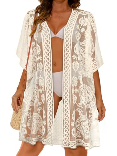 Womens Lace Bathing Suit Cover Up Open Front Swimsuit Coverup Summer Swimwear Loose Bikini Beach Kimono 2026 (Beige)