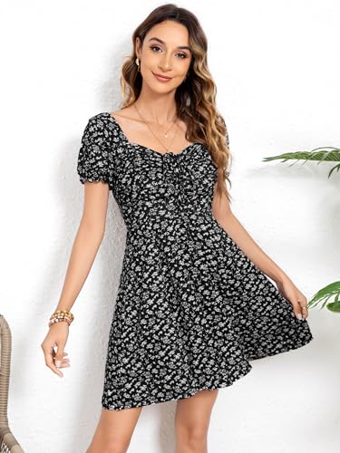 Image of Missufe Women's Puff Short Sleeve Drawstring Ruched Front Fit and Flare Floral Summer Casual Short Dress