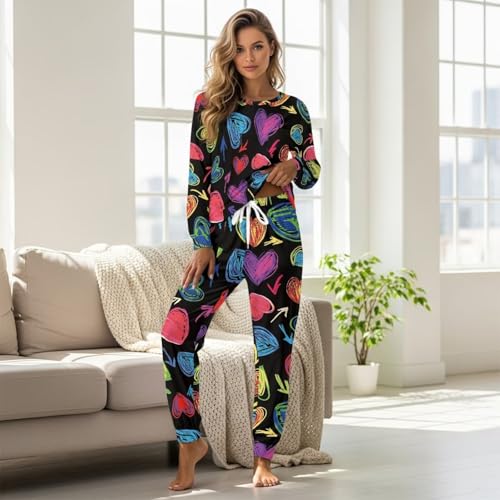 Image of Womens Lounge Set Long Sleeve Soft Pajama Sets Casual 2 Piece Pj Outfit Crewneck Sleepwear with Pockets Plus Size