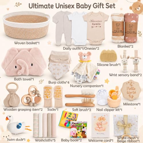 Image of Ultimate Gender-Neutral Baby Gift Basket, Neutral Beige Newborn Essentials, Premium All-in-One Unisex Baby Shower & Gender Reveal Gift Set for Boys & Girls with Swaddle Diaper Caddy Organizer