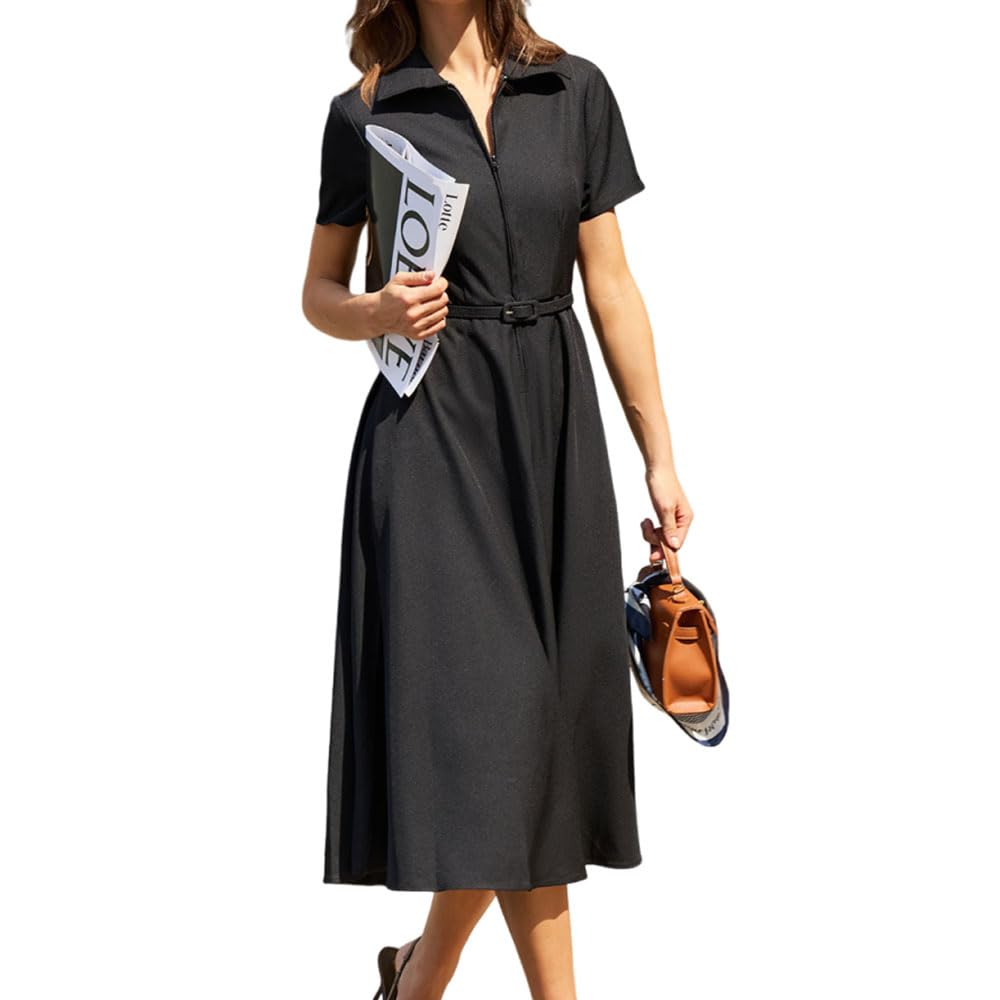 RIHOAS Belted A-Line Business Dress for Women - Short Sleeve Midi Work Dress Elegant Formal Professional Dresses