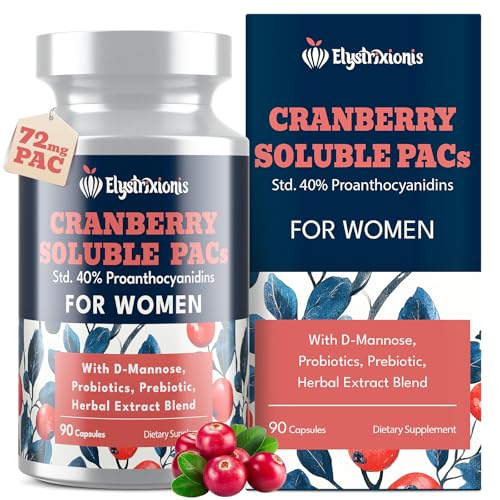 Elystrixionis 72mg PAC Cranberry Pills for Women - Organic Cranberry Juice Extract Plus 1000mg D-Mannose Supports Urinary Tract Health Cranberry Supplement - 90 Capsules