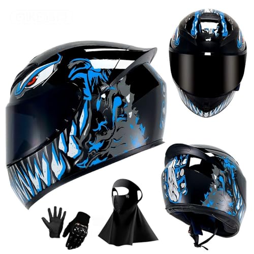 Casco Integral de Motocicleta 2025 con Visera Solar Negra para Adultos, Casco de Moto de Carreras de Calle con Guantes Y MáScara, Aprobado por El Dot(KK1,M(57-58cm))