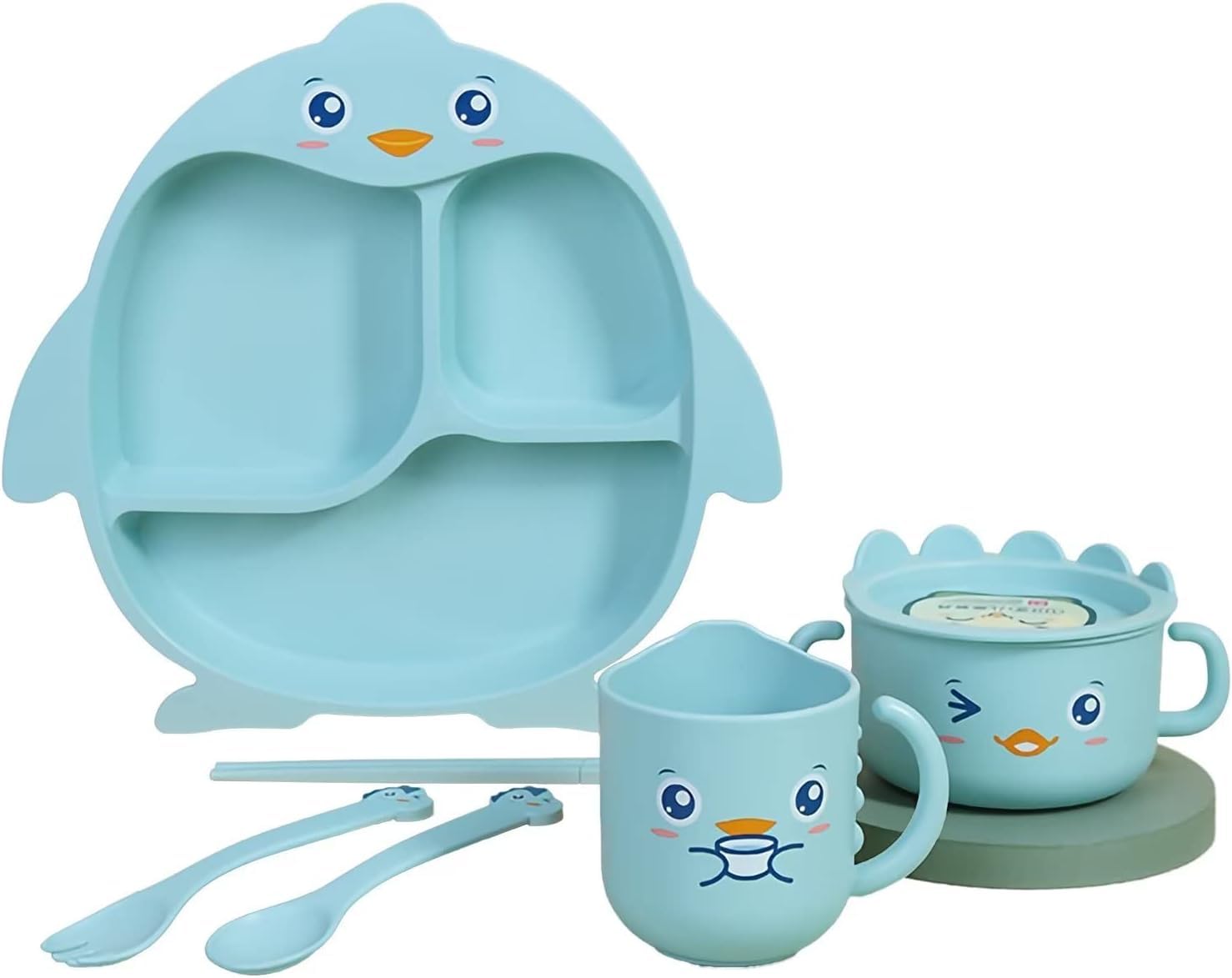 Mayatra's Bamboo Fiber Tableware, 1 Plate, 1 Milk Mug, Owl with Lid, 2 Chopsticks, Spoon & Fork, Dinner Set Pack of 1 (Multicolor)