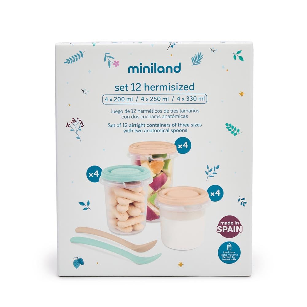 Miniland Set 12 Contenitori Ermetici per Bambino 3 Formati 200 250 330 ml Senza BPA