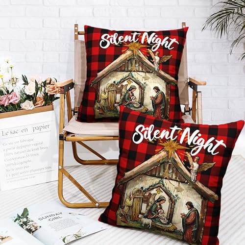 Kwlegh D2V1YYY8ERS3ZT99240723 Jesus Nativity Pillow Case Red Buffalo Plaid Christmas Pillow Covers 18X18 Set Of 2 Xmas O Holy Night Silent Night Throw Pillow Covers thumb #5