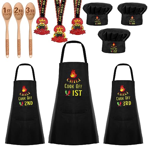 Toulite 12 Pcs Chili Cook off Prizes Chili Cook off Decorations Include 3 1st 2nd 3rd Trophies Kitchen Cooking Aprons Chef Hat Engraved Spoon for Men Women Award Ceremony
