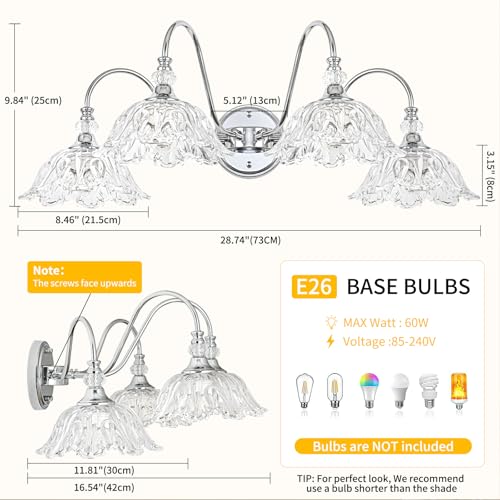 Image of Brushed Chrome 4-Light Bathroom Vanity Light with Floral Clear Glass Shades, Modern Wall Mount Lighting for Bathroom, Dressing Table
