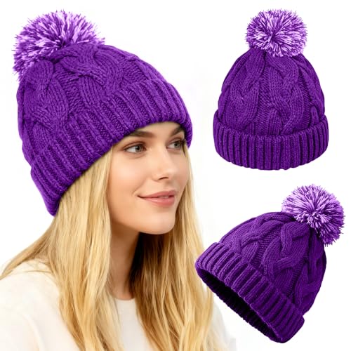 WDAIYEK Slouchy Chunky Knit Beanie with Pom Pom - Cozy Winter Bobble Hat for Women and Men Purple