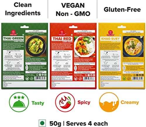Image of EL The Cook Thai Red + Thai Green Curry + Burmese Khao Suey Paste 50 Gram X 3 Pack|Vegetarian, No Msg