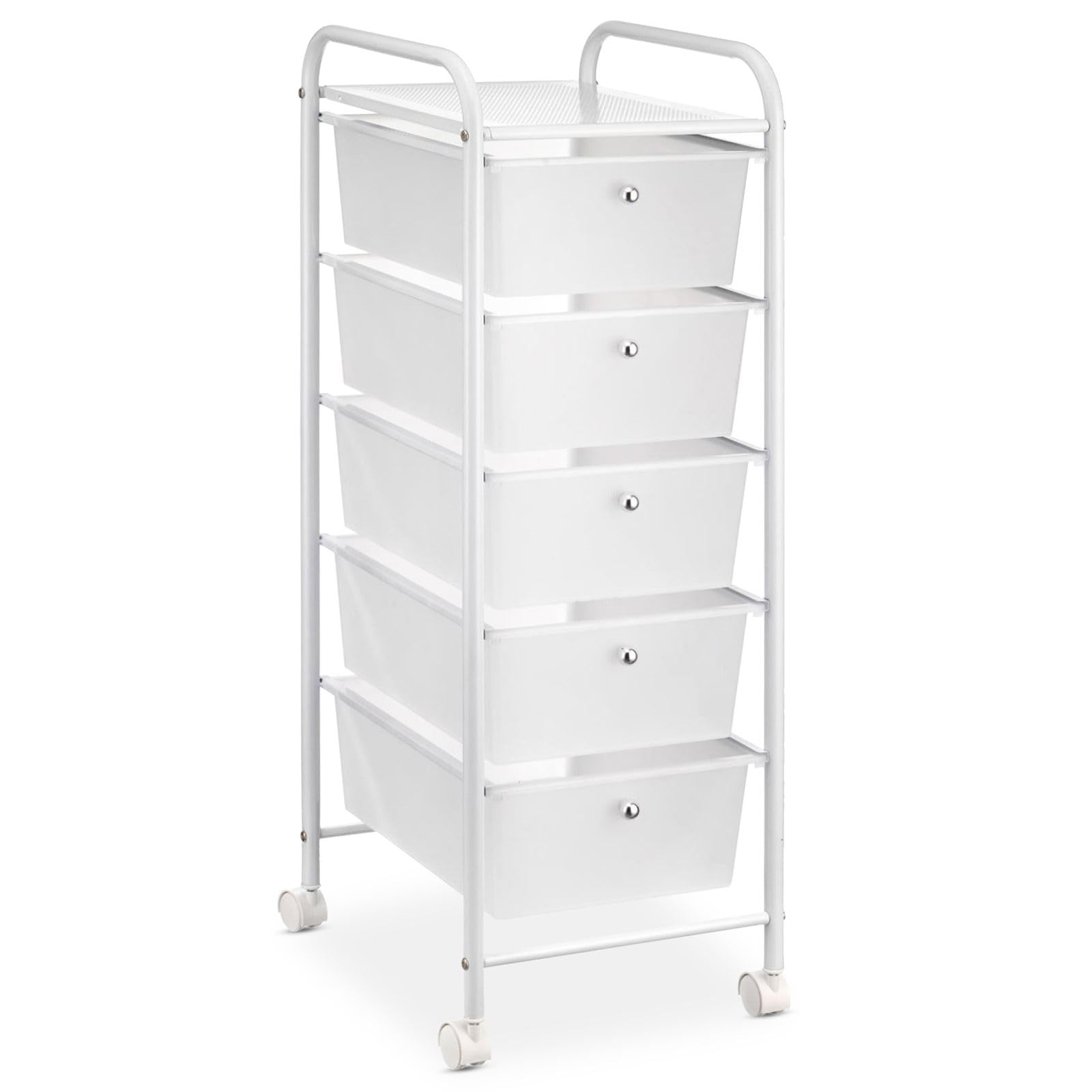 IDIMEX Caisson sur roulettes GINA Chariot avec 5 tiroirs Blancs Transparent et 1 étagère, Meuble de Rangement pour Salle de Bain en métal laqué Blanc