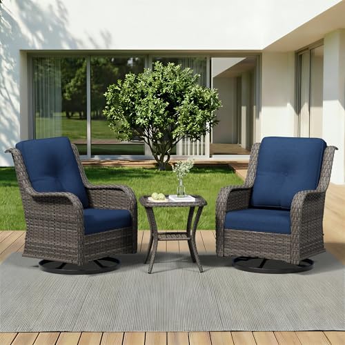 Image of 3 Piece Outdoor Wicker Patio Furniture Set, Swivel Rocker Patio Chairs Set with Thickened Olefin Cushions, High Back and Deep Seating, Hand-Woven PE Rattan for Porch, Deck