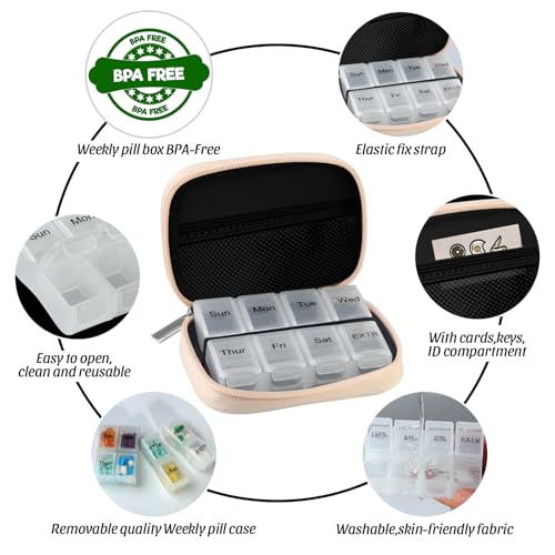 Image of Pill Case Weekly Travel Pill Organizer for Purse with Removable 7 Day Pill Box Premium Neoprene Pill Container for Travel Purse Accessory, Vitamin, Supplement, Small Pieces Arrangement-Flower