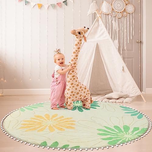 Nechegi NE17 4Ft Round Rugs, Washable Non-Slip Round Area Rug Throw With Cute Pom Pom Fringe Soft Round Nursery Bathroom Circle Rug thumb #5
