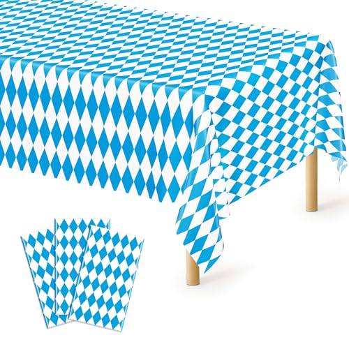 Image of QZYL 3 PCS Oktoberfest Tablecover, 54 X 108 in Disposable Plastic Beer Festival Party Supplies, Rectangular Blue White Checkered Tablecloth, Oktoberfest Decorations for Kitchen Dining Party Holiday