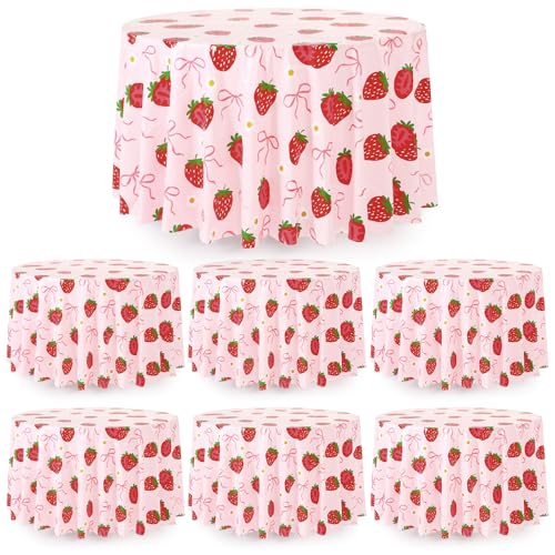 Image of Ganeen 6 Pcs Strawberry Bow Plastic Tablecloth 84 Inch Bow Berry Sweet Round Tablecloths Birthday Decor Disposable Plastic Round Waterproof Table Covers for Weeding Tea Decoration Party Favor