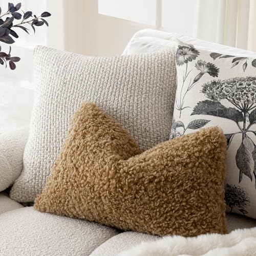 Image of Foindtower Set of 2 Curly Teddy Wool Pillow Covers Decorative Boucle Textured Lumbar Throw Pillow Faux Fur Pillowcases Sheepskin Cushion Case for Sofa Bedroom Car 12 inchx20 inch Bronze