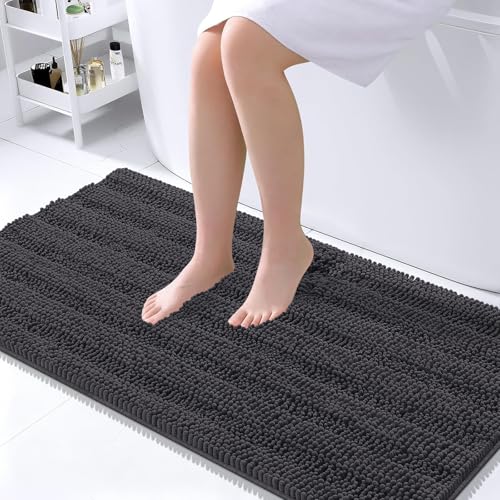 Image of OLANLY Thick Large Bathroom Rugs 45x27, Extra Soft Absorbent Chenille Striped Bath Rugs, Rubber Backing, Machine Wash, Bath Mats for Bathroom Floor, Tub and Shower, Home Decor Accessories, Dark Grey
