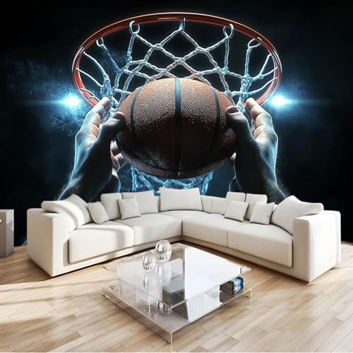 Fotomurales Papel pintado 400 x 280 cm Arte Papel tapiz Iluminación De Aros De Baloncesto Deportivos, Moderna Decoración Tejido no Tejido Decoración De Pared Sala CuArteo, Negro Mural