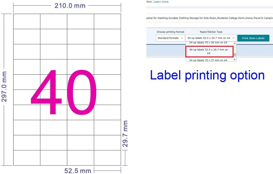 Diagram of 40-up A4 label dimensions and Amazon FBA label printing option screenshot