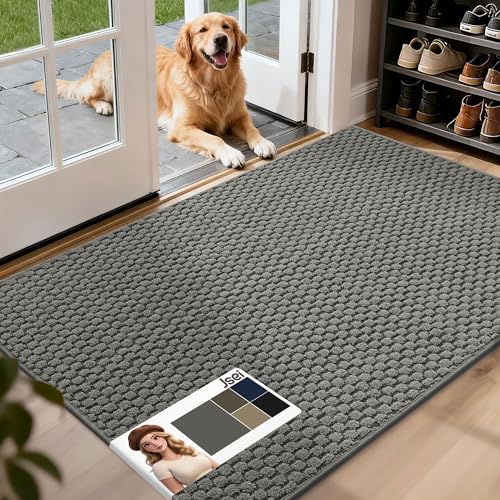JSEI 32"x48" Light Grey Dirt Trapper Door Mat 14 Pack 9" X 28" Light Grey Non-Slip Stair Treads for Wooden Steps Indoor