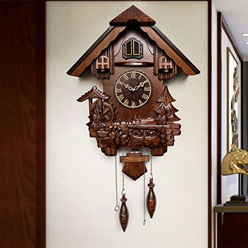 WRJAHCG Cuckoo Clocks,Wall Clock,Cuckoo Clocks for Wall,Cuckoo Clock Vintage Singing Bird,Brown Home Decor Solid Wood Carved Trees,Waterwheels,Pine Cones and Cuckoo Pendulum Clock,Style a