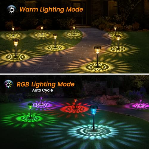 ONEWAY Garden Lights Solar Powered Waterproof,8 Pack Solar Lights Outdoor Garden Stake with Warm White & RGB,Ultra-Bright Solar Stake Lights Garden Ornaments,Solar Path Lights for Yard Lawn Landscape - Image 3