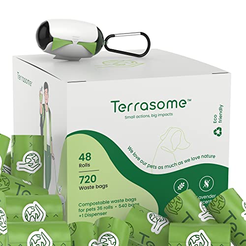 Terrasome Pet Waste Bags, Compostable, 100% Vegetable Based, Leak Proff and Extra Thick, Lavander Scented, (720 Count + Dispenser).