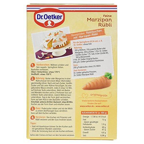 Dr. Oetker Feine Marzipan Rübli, 42 g, Halbrelief-Figuren in Möhrenform, Marzipan-Dekor zum Verzieren von Karottenkuchen, essbare Kuchen- & Tortendekoration