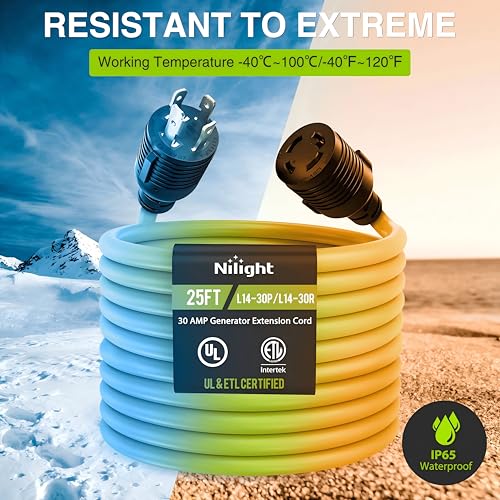 Image of Nilight 25FT 30Amp Generator Extension Cord 125V Heavy Duty 10 /3 Gauge Pure Copper STW Wire UL ETL Listed 4 Prong L14-30P L14-30R Weatherproof Suit for Camper Outdoor Use Bright Green