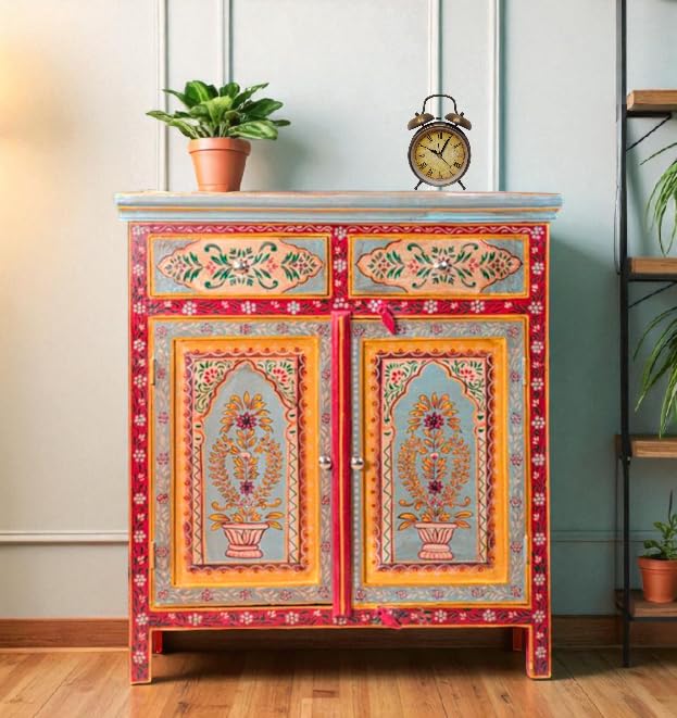 Image of APRODZ Wooden Handpainted Storage Cabinet with 2 Drawer & 2 Door (Multicolor)