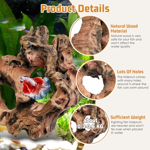 Image of PINVNBY 2 PCS Betta Fish Hideout Natural Wood Aquarium Cave Driftwood Aquascaping Fish Tank Decorations for Shrimp Crayfish and Other Small Aquatic Pets