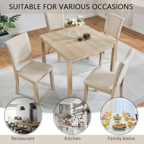 Image of KEIKI 5-Piece Standard Height Dining Table Set with Square Table, 4 Upholstered Curved Backrest Chair, for 4 Person, Modern Style Table Set, Easy Assembly, for Kitchen, Dining Room, Light Oak+Beige