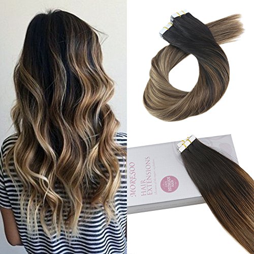 Moresoo 20 Inch Hair Extensions Human Hair Tape in Hair Extensions Remy Hair Balayage Color #1B Off Black Fading to #6 Brown and #18 Blonde Brazilian Human Hair Glue in Hair 20PCS 50G