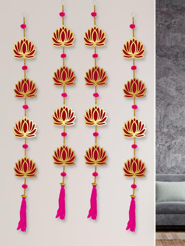 JH Gallery Wool Blend Lotus Wall And Door Hanging Home Decor | Pooja Decor | Diwali Decor | Wedding And All Festival Decor Decoration Items For Home Decor (34'' Height Pack Of 4),Multicolor), 86.36Cm