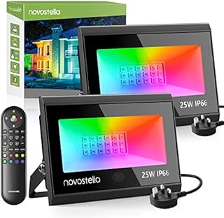 NOVOSTELLA 25W RGB LED Floodlights Outdoor 2 Pack, with IR Remote Control, IP66 Waterproof Dimmable Color Changing Wall Washer Light, DIY Modes, Coloured Flood Lights for Events Garden Lawn Halloween