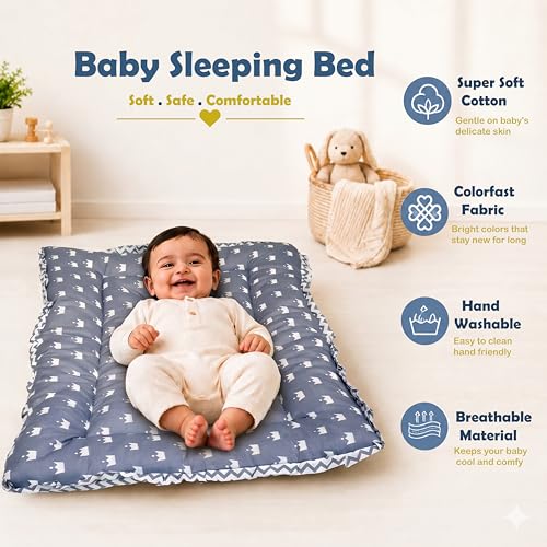 Image of Infantbond New Born Baby Cotton Baby Bed | Godari | Toddlers Bed | Baby Bedding |Baby Mattress | Cradle Bed | Multi-Color (Crown)