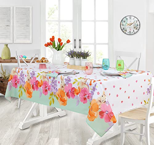 Newbridge Fabric Rectangle Tablecloth, 60 x 84 Inch, Bunniful Easter Bunny, Easy Care Stain Resistant Table Cloth, Bunny Flower Fields Party Table Cover