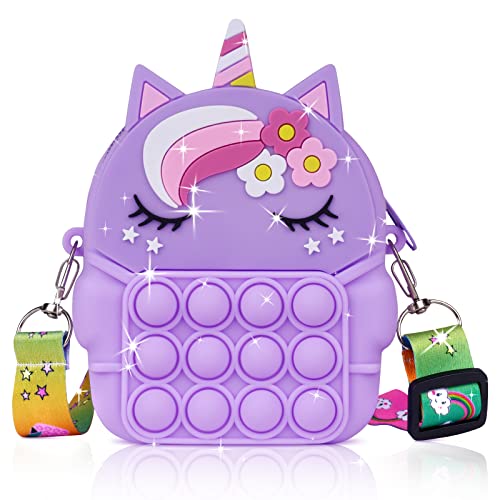 Ainiv Pop Bolso It, 2 en 1 Bolso Fidget Toy, Unicornio Push Pop Bubble Bolso de Juguetes Sensoriales con Bandolera de Longitud Ajustable para Niños - Bolsos de Moda Regalos de Cumpleaños (Violetas)
