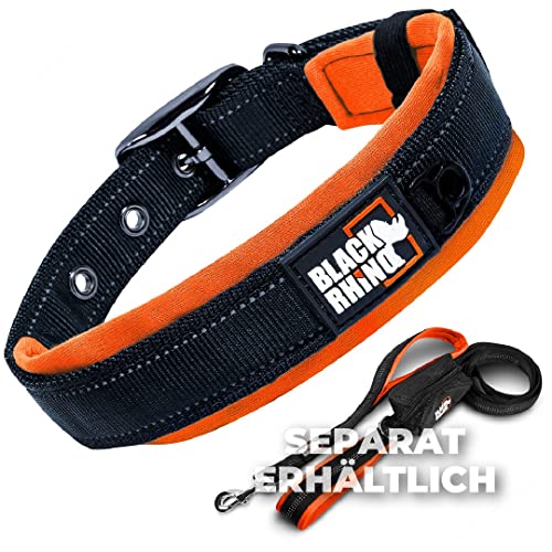 Black Rhino – Das Komforthalsband, superweiches, mit Neopren gepolstertes Hundehalsband für alle Hunderassen – robust, verstellbar, reflektierend, wetterfest (groß, orange/schwarz)