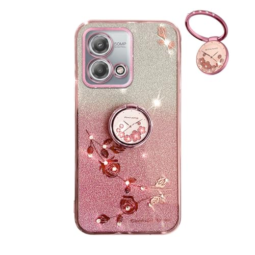 Cover Glitter per Motorola Edge 40 Neo 5G Trasparente Bling Brillantini Custodia Ultra Sottile Molle Antiurto Fiori Anello Supporto Case. donna rosa silicone tpu