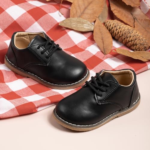 Image of Meckior Toddler Boys Girls Dress Shoes Little Kid Oxford Shoes Wedding Church Dress Shoes PU Leather Lace Up School Uniform Loafer Flats