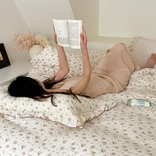 Image of BuLuTu Full Duvet Cover 100% Cotton Muslin Duvet Covers Soft Breathable Comforter Cover Kids Girls Women Vintage Floral Bedding Quilt Cover with Ruffles, 79 inchx90 inch, No Comforter