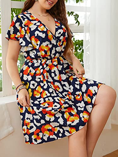 Kiboule Vestido feminino plus size estampado manga curta cintura elástica vestido casual