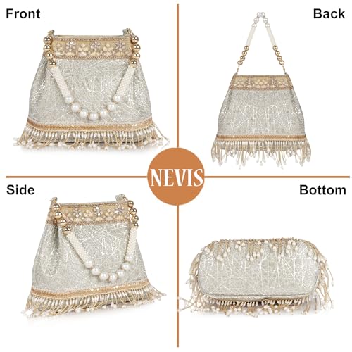 Image of Nevis PU Silk Fabric Women's Embellished Potli Bag with Pearl Handle & Fringe Detailing | Designe Wedding & Festive Handbag