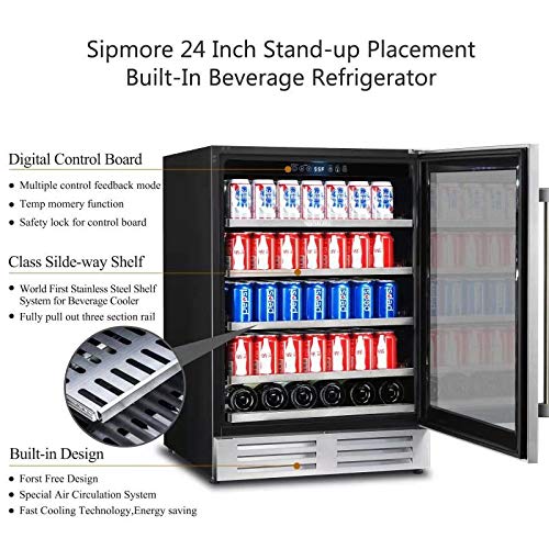SIPMORE Beverage Refrigerator 24 inch Stainless Steel Shelf System 154 Cans and 6 Bottles Built-in or Freestanding for Soda Beer, Powerful Drink with Smart Control System and Double-Layer Glass Door on Fridge.com