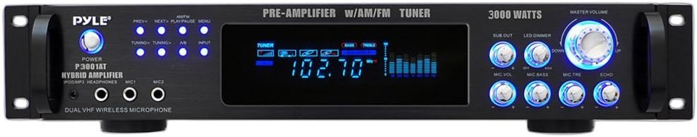 Pyle Multi-Channel Bluetooth Power Amplifier - 3000 Watt Audio Rack Mount Home Speaker Sound Stereo Receiver FM Radio, USB, Headphone, RCA, Dual Microphone w/ Echo, LED, Wireless Streaming P3001AT