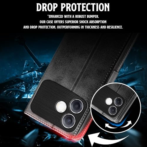 Image of WOW IMAGINE Shock Proof Flip Cover Back Case for Oppo F33 Pro 5G (Magnetic Button Flip Case | Wallet Pockets & Stand | Leather Finish | Haze Black)