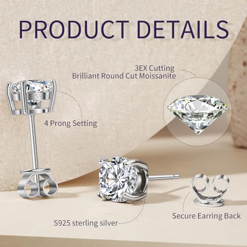 Moissanite Earrings for Women - 0.1 Ct - 1 Ct D Color VVS1 Round Cut Lab Grown Diamond Stud Earrings for Women - 925 Sterling Silver Stud Earrings - Valentines Day Gifts Mothers Day Gifts for Mom Her3